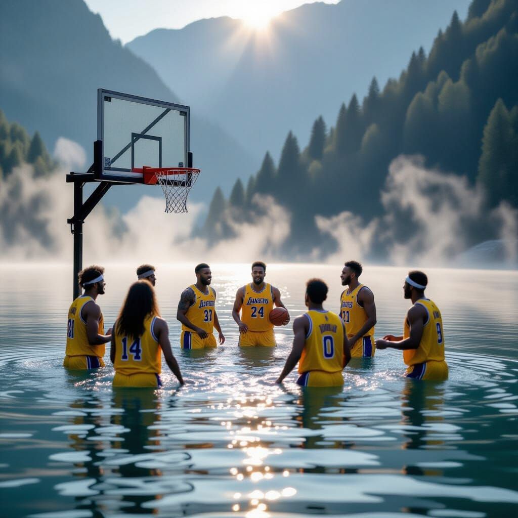 Basketball Game on Serene Lake in Cinematic Style