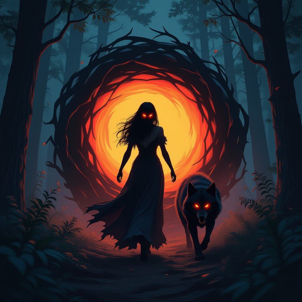 Dark Fantasy Shadow Figure Guided by Wolf to Portal