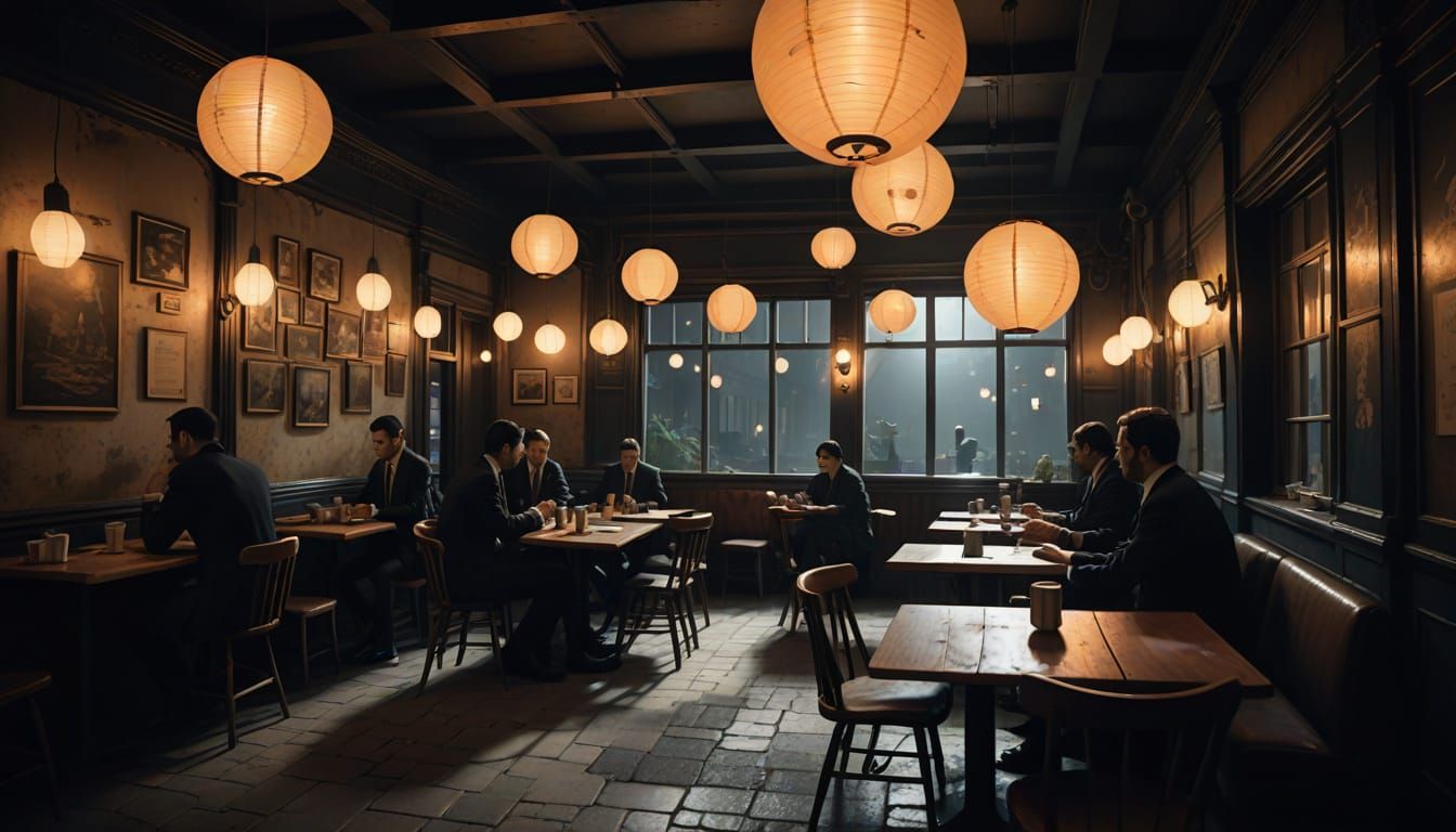 MIB Agents in Mystical Cafe with Glowing Lanterns