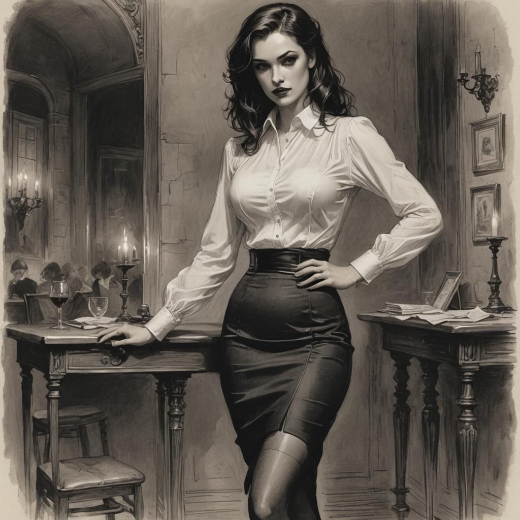 Femme Fatale in Pub: Horror Art in Doré Style