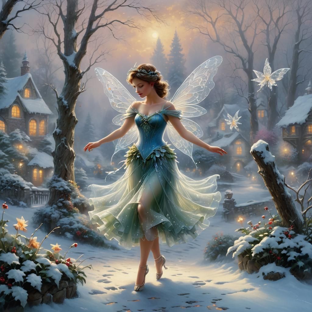 Ethereal Winter Fairy Dancing in Misty Landscape