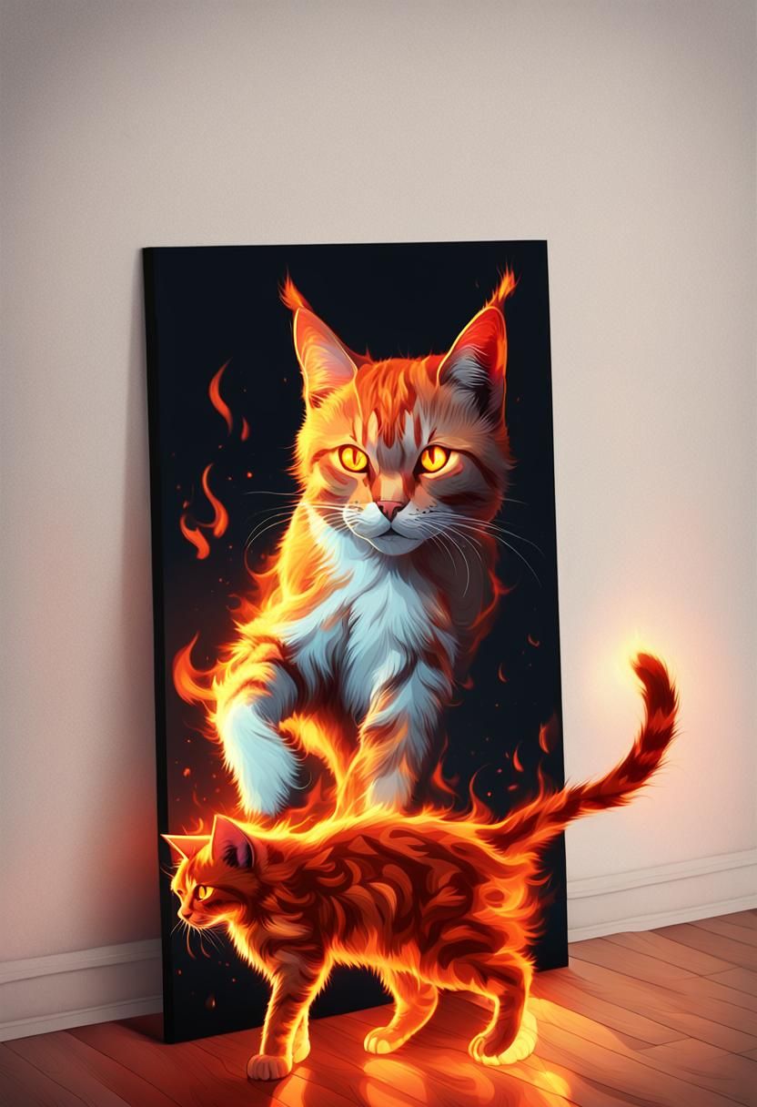Fiery Red Cat Walking on Flames: Digital Concept Art