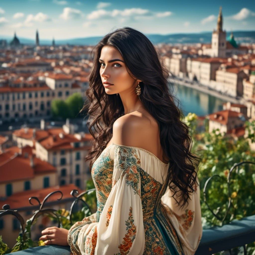 Italian Woman Overlooking City in Sharp Focus