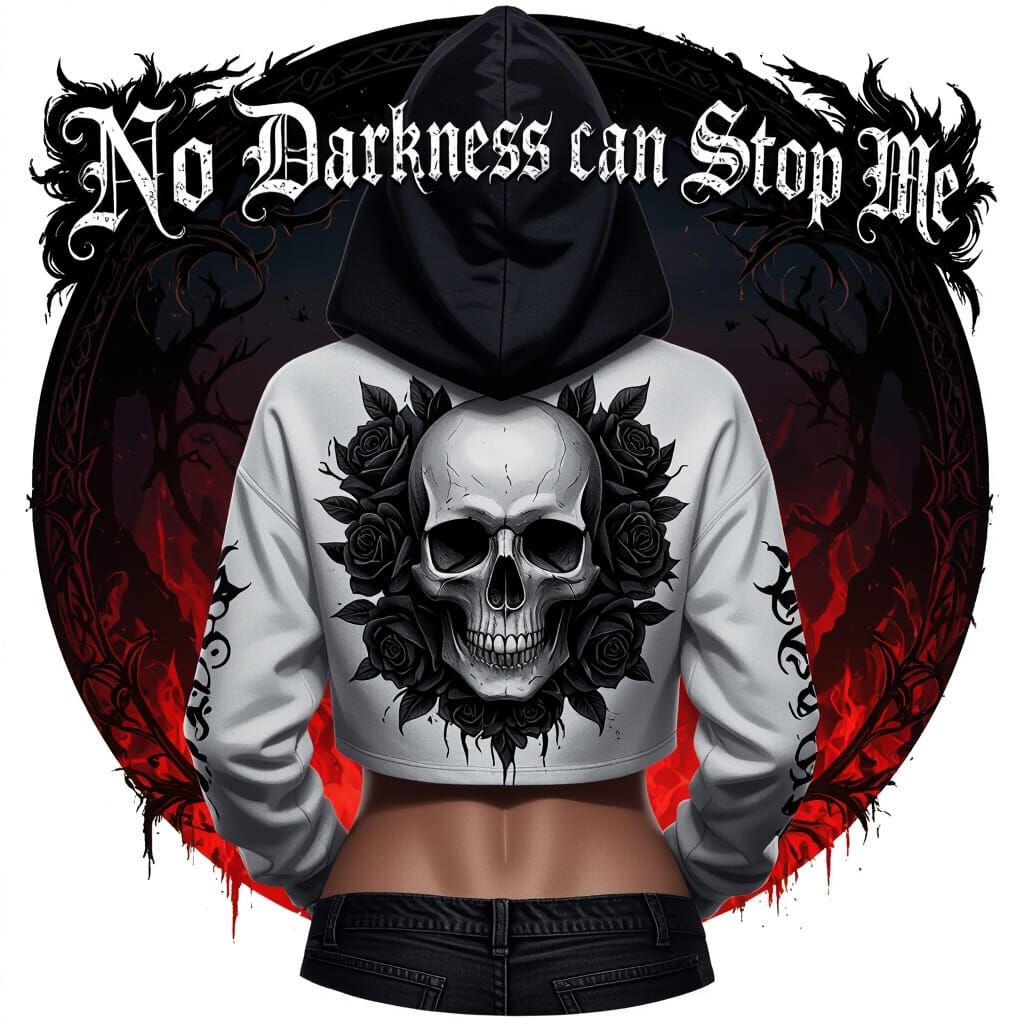 Fit Model in Cropped Hoodie with Skull Design