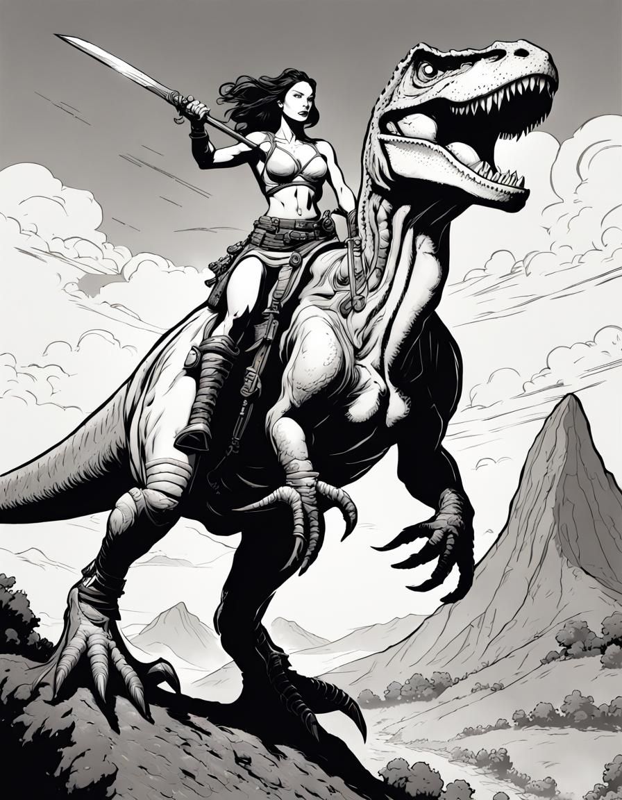 Barbarian Woman Rides T-Rex: Kim Jung Gi Style