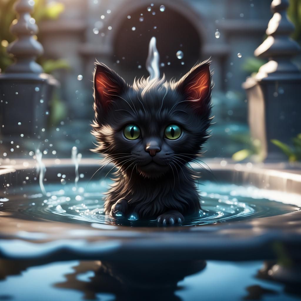 Black Kitten's Water Fountain Fantasy