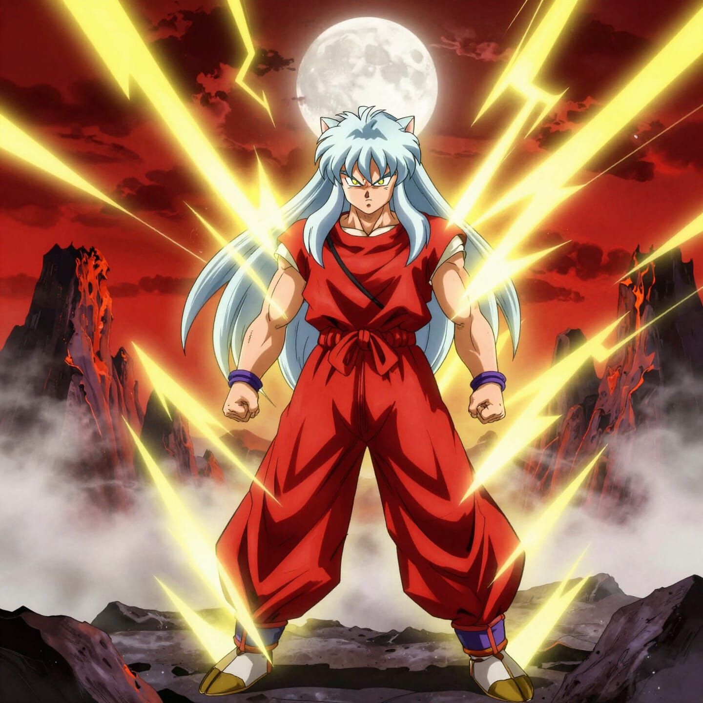Inuyasha Super Saiyan 3 in Volcanic Mist with Lightning