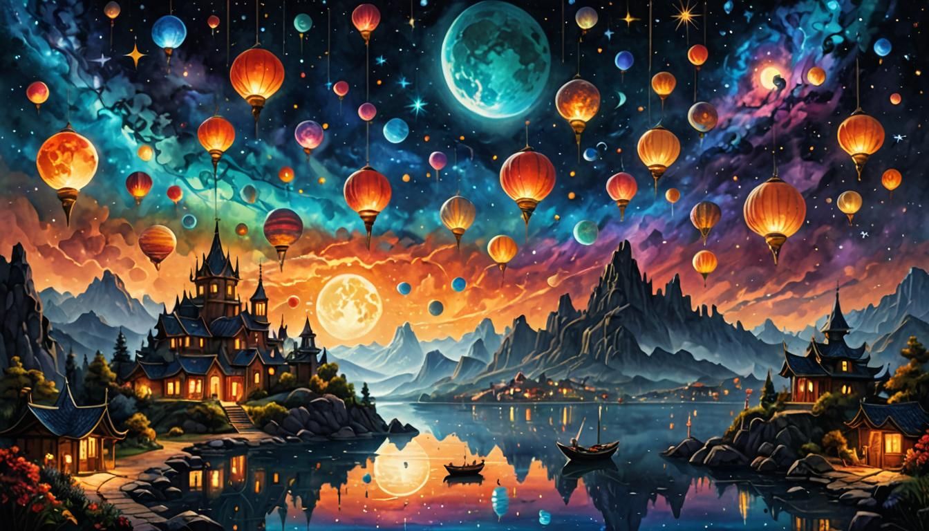Lanterns Ascend to Heaven: Watercolor Celestial Landscape