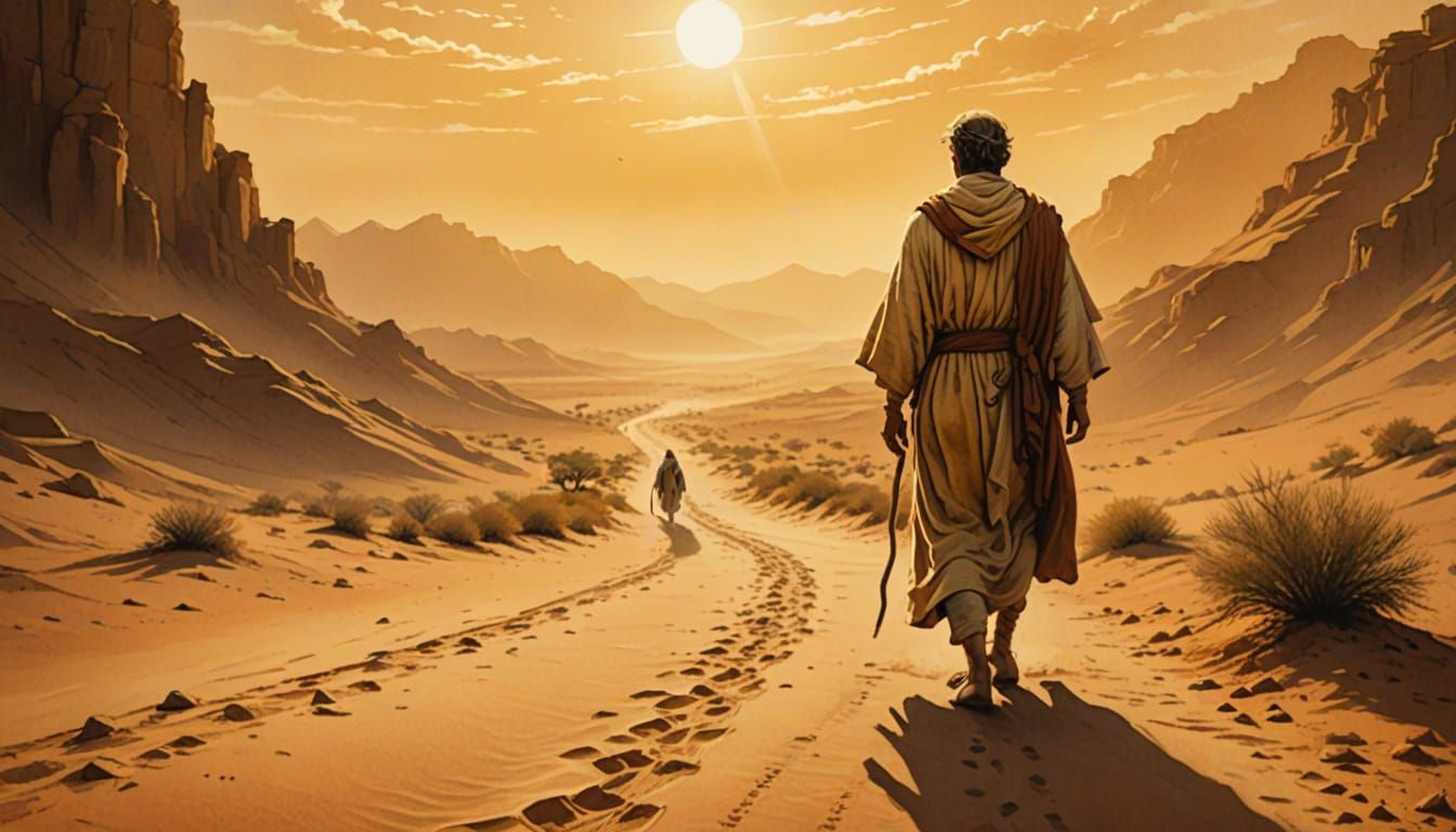 Biblical Figure Walking Through Desert Landscape