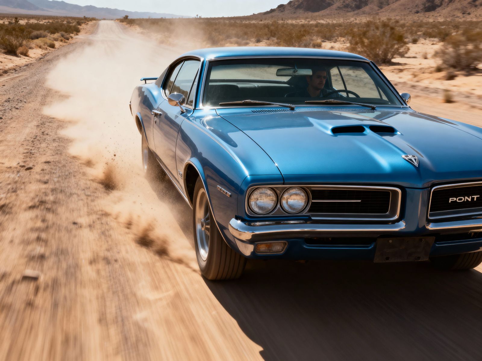 Realistic Blue Pontiac GTO on Desert Road
