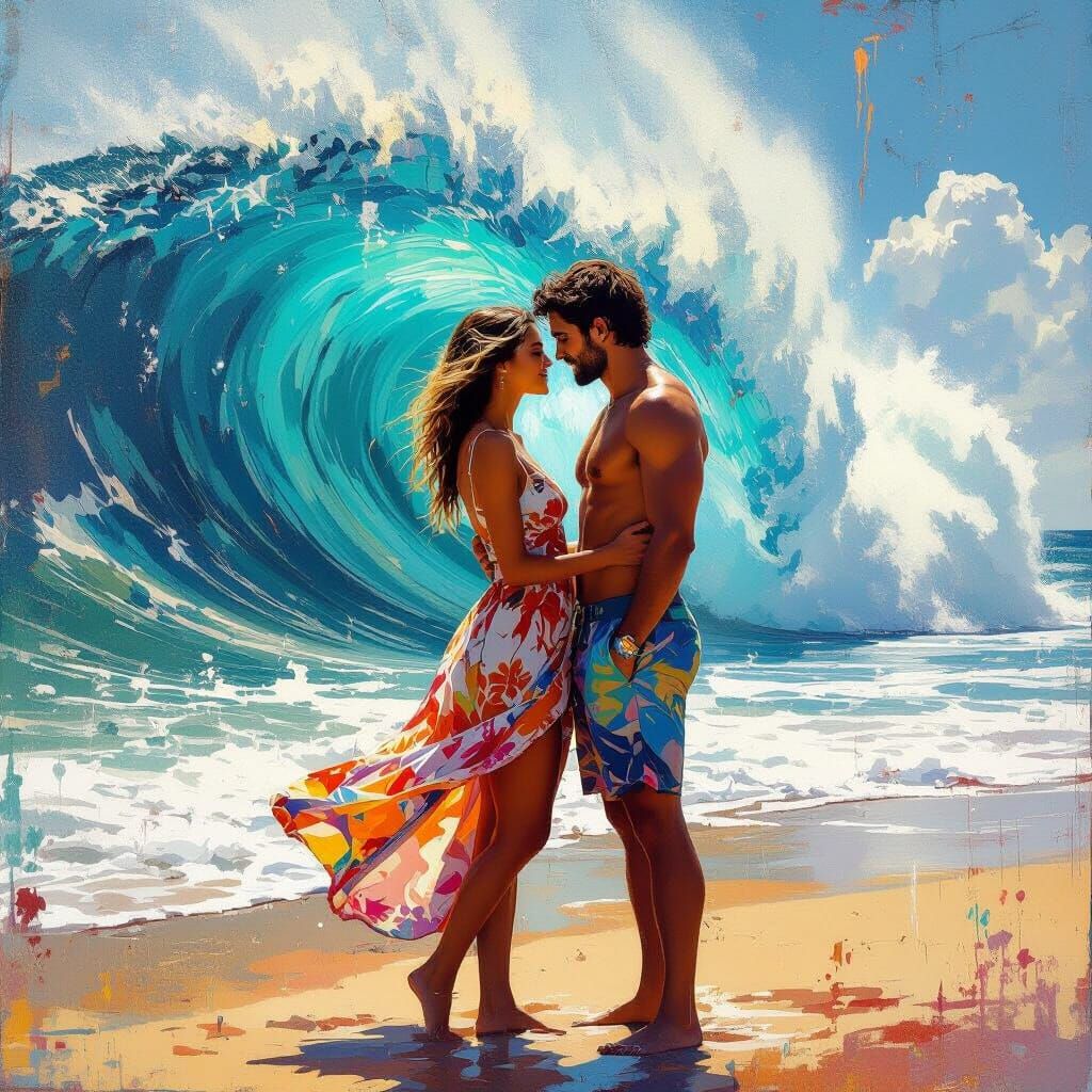 Romantic Beach Scene with Giant Wave in Graffiti Art Style