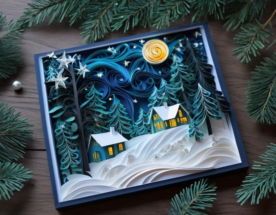 Starry Night Winter Forest Kirigami in Van Gogh Style