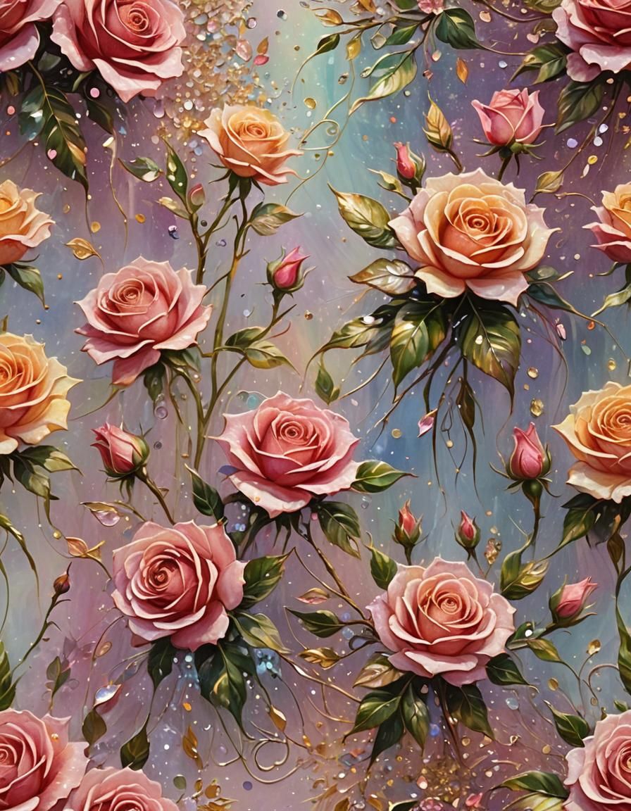 Tachisme Dynamic Brushwork, rose, iridescent, sparkles, fairy, sunshine, fantasy, whimsical