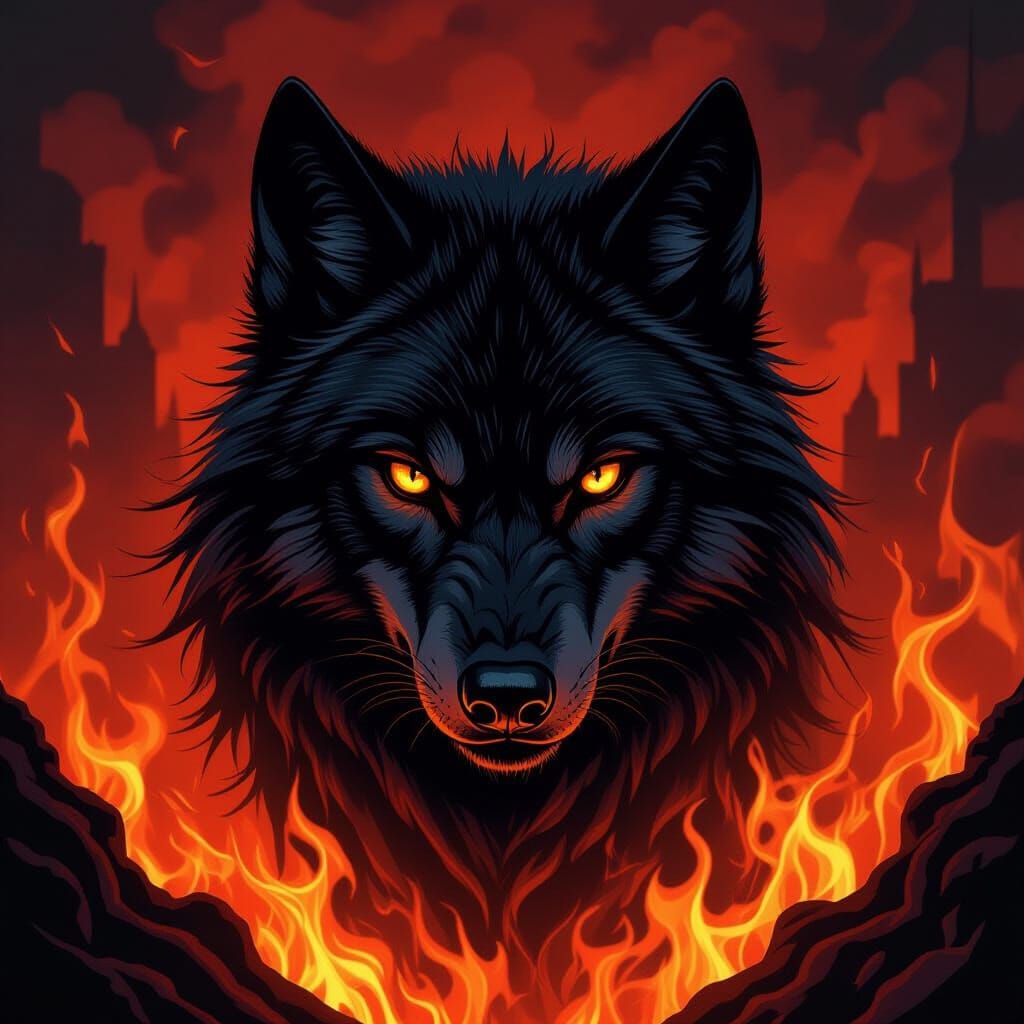 Fiery Black Wolf in Gothic Graphic Art Style
