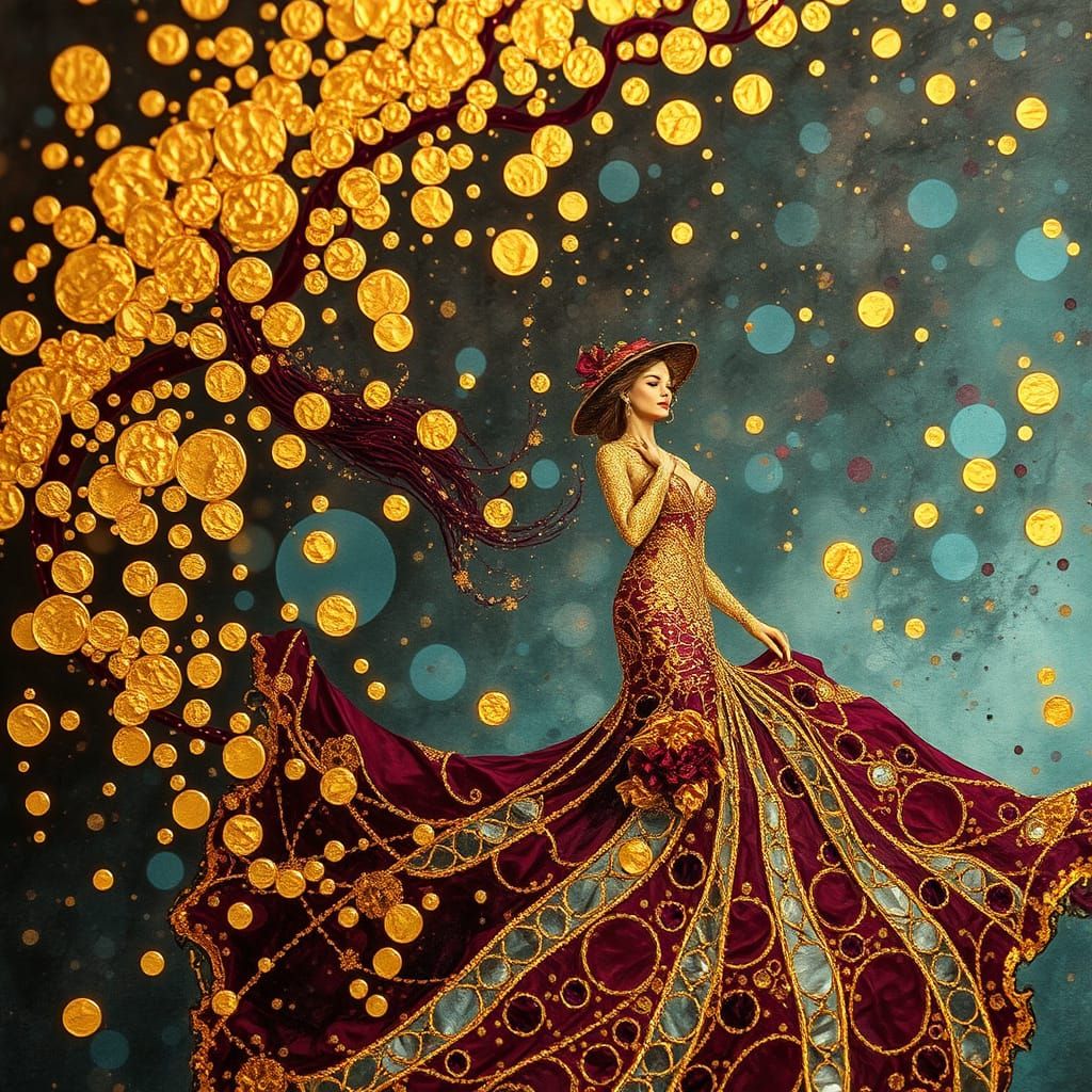 Ethereal Lady of the Lake in Gold and Burgundy