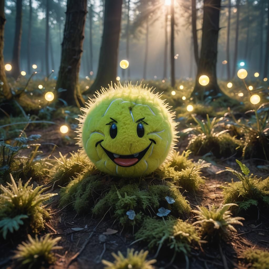 Tennis Ball with Spiky Hair in Dreamy Forest
