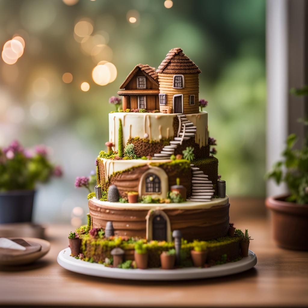 Elaborate Cake with Garden and Tiny House
