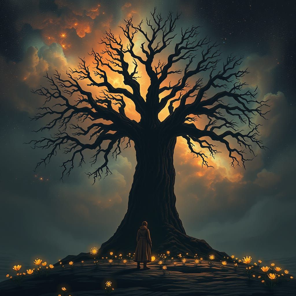 Nebula Tree Silhouette: A Mystical Biomechanical Dream