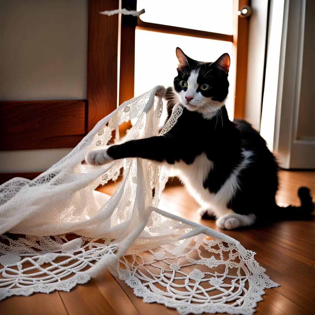 Playful Cat Tangled in Lace