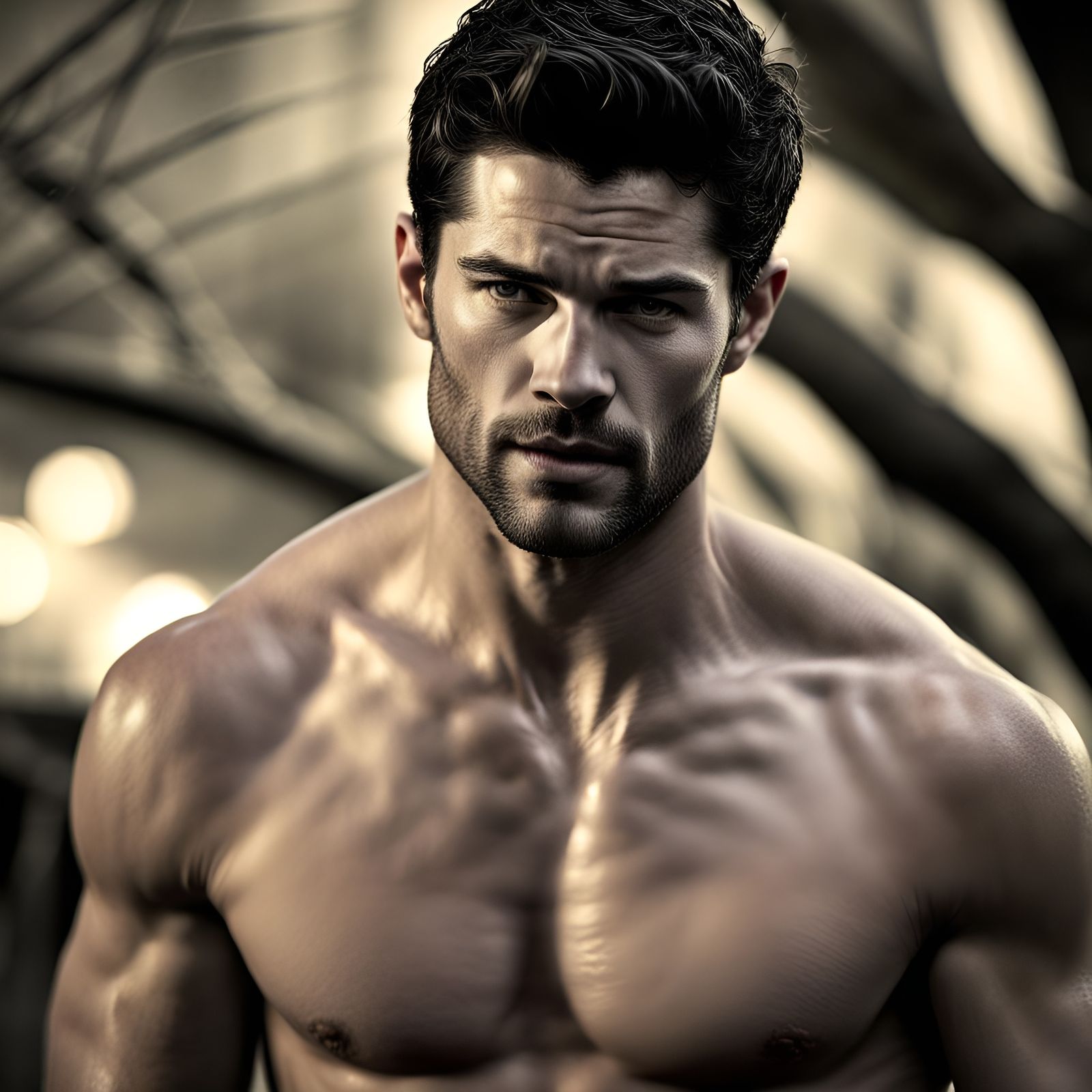 Hyperrealistic Shirtless Wolfman Portrait with Facial Scruff