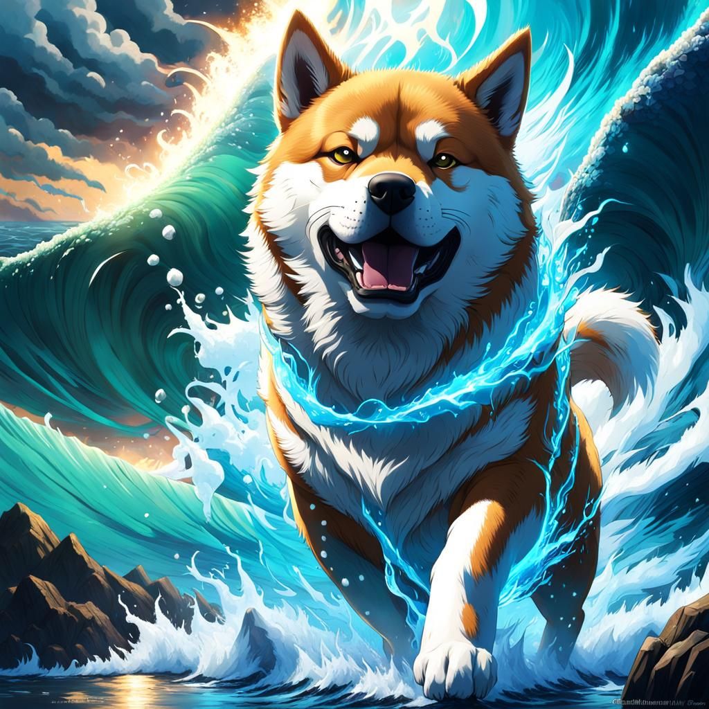 Menacing Shiba Inu Casting Water Spells in Warcraft Style