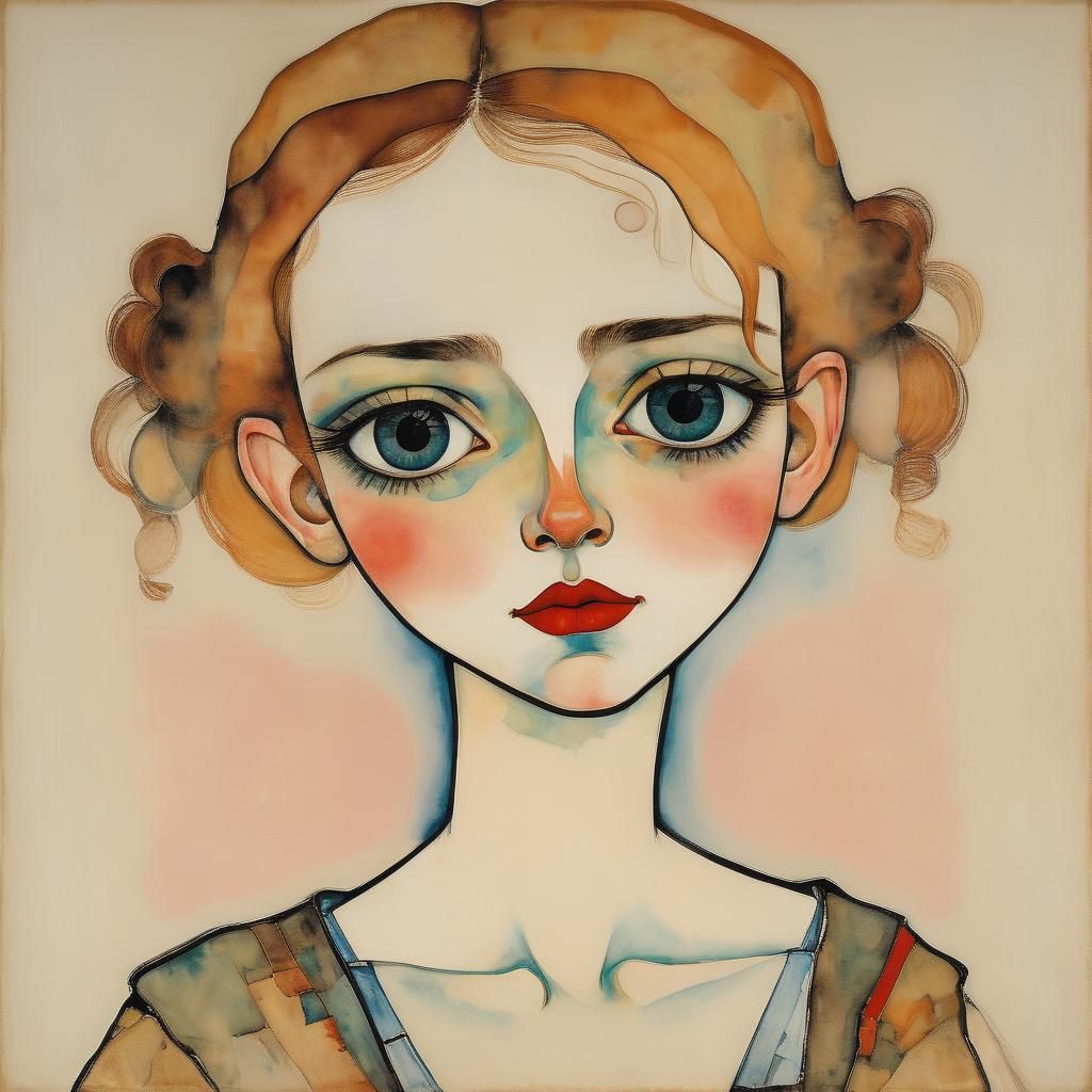 Girl in Expressive Art Style of Egon Schiele and Paul Klee