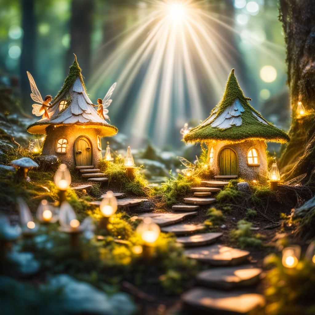 Fairies in Wooded Village with Sparkling Lights