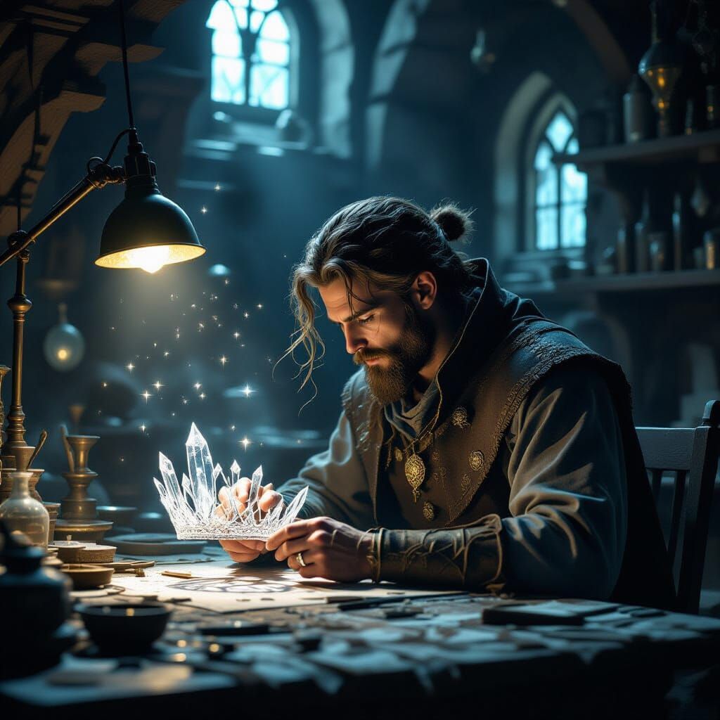 Artisan Crafts Crystalline Crown in Magical Workshop
