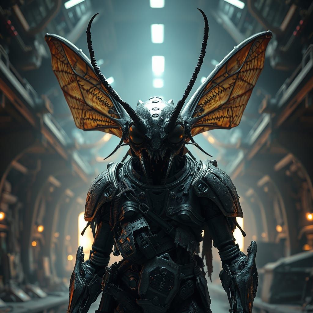 Insectoid Warrior Guarding Spaceship Hangar as Digital Matte...