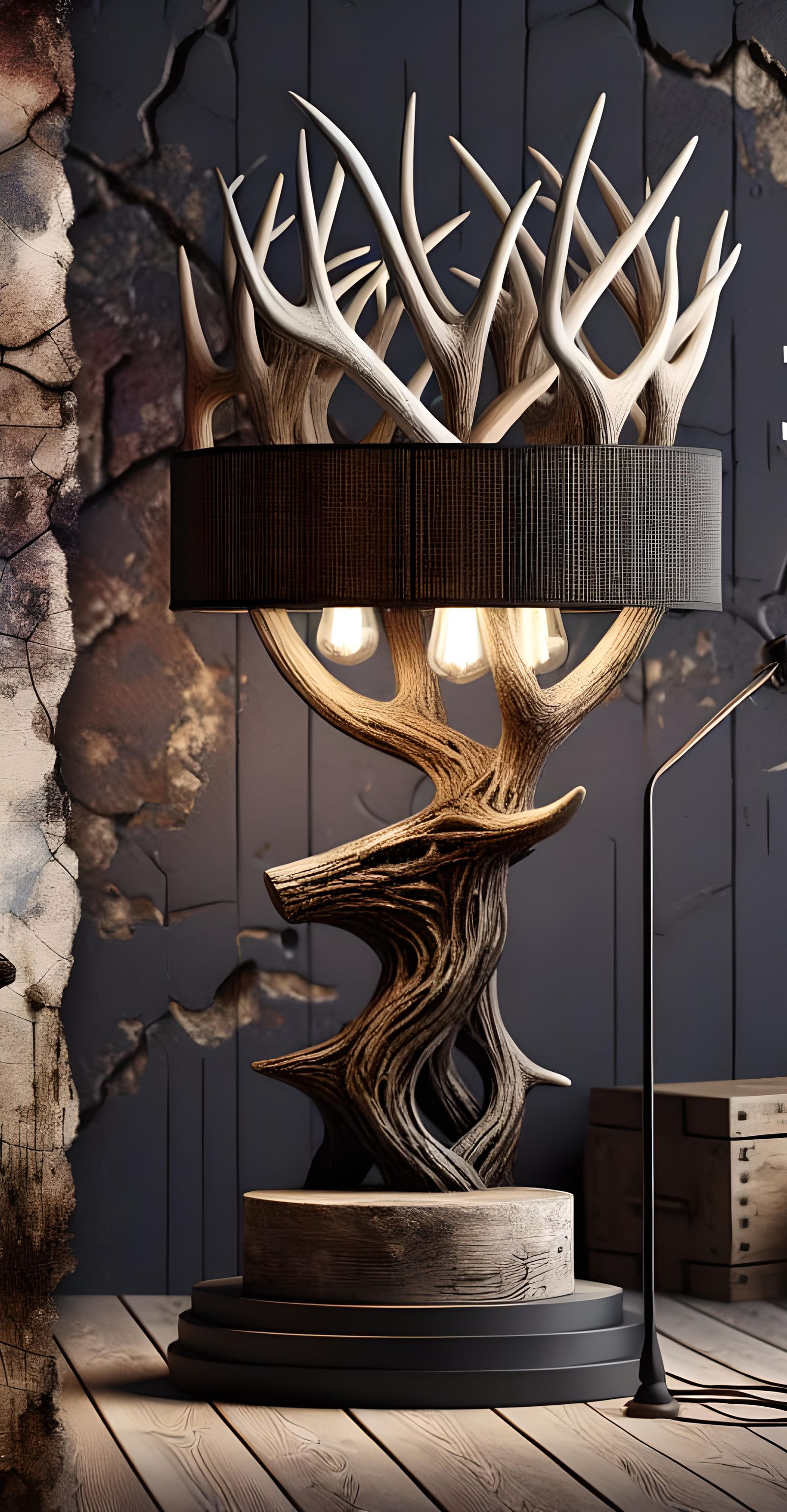 Rustic Antler Floor Lamp with Oil Painting Background