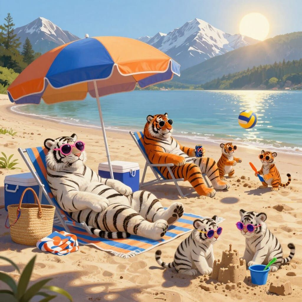 Tiger Family Beach Day by Serene Lake