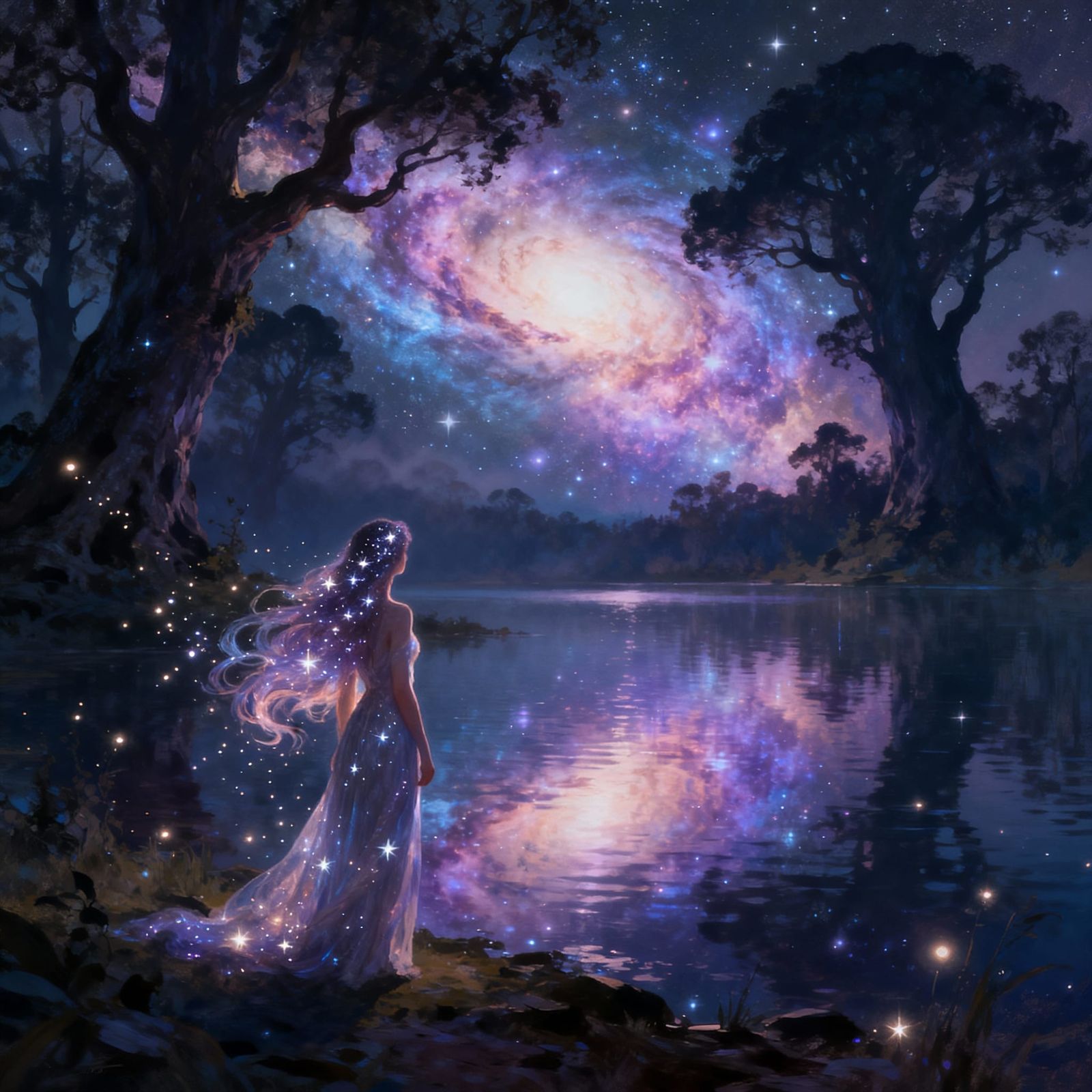 Ethereal Woman Gazing at Nebula Reflection