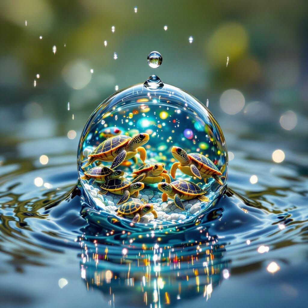 Turtles Swim Inside Falling Raindrop Macro View