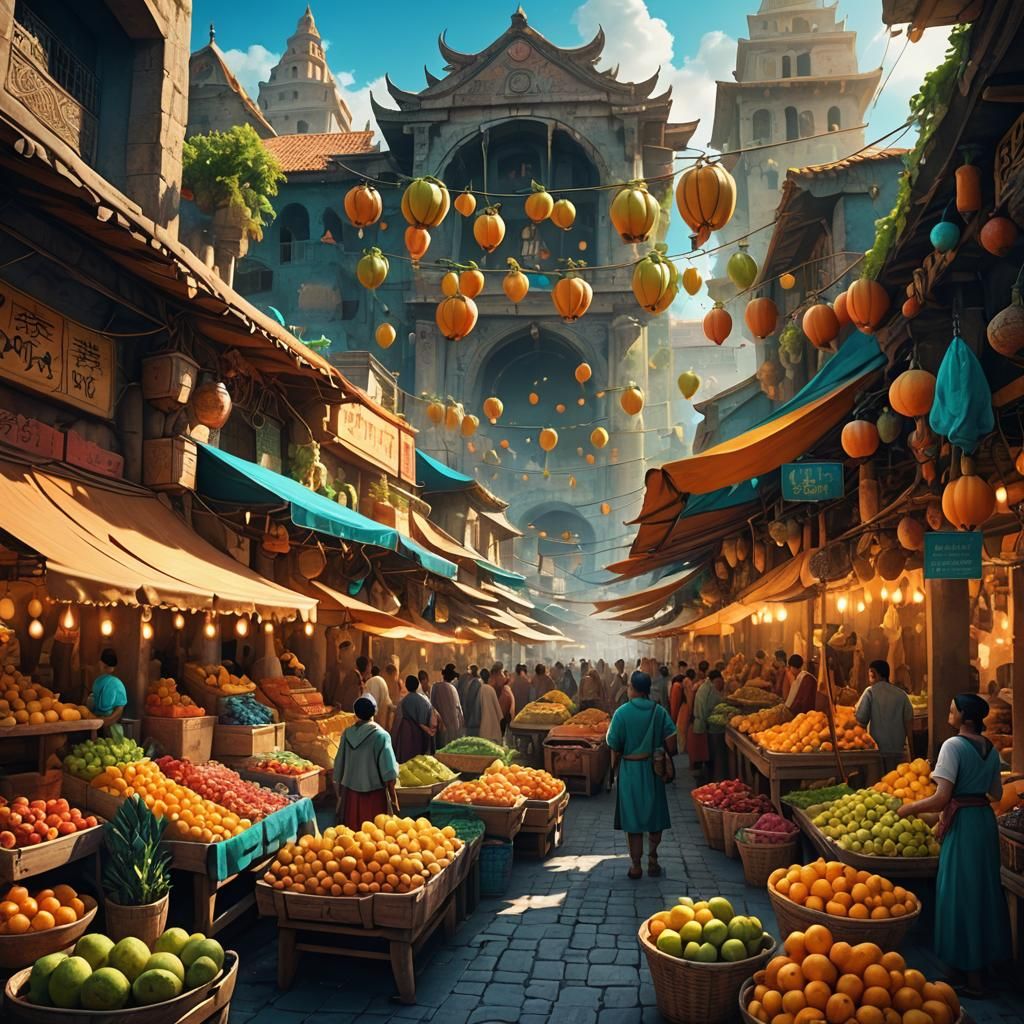 Bustling Fruit Market in Mystical Town: Fantasy Concept Art