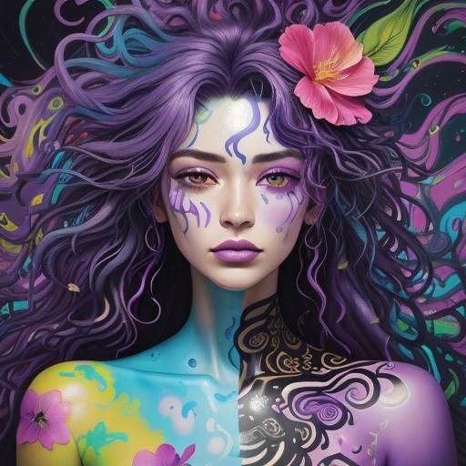 Vibrant Street Art Woman with Purple Hair