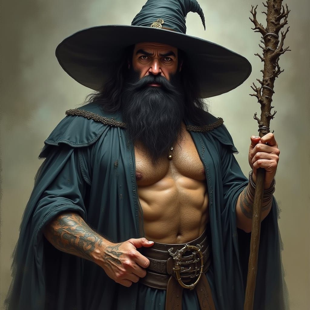 Muscular Wizard with Oversized Hat, Fantasy Art