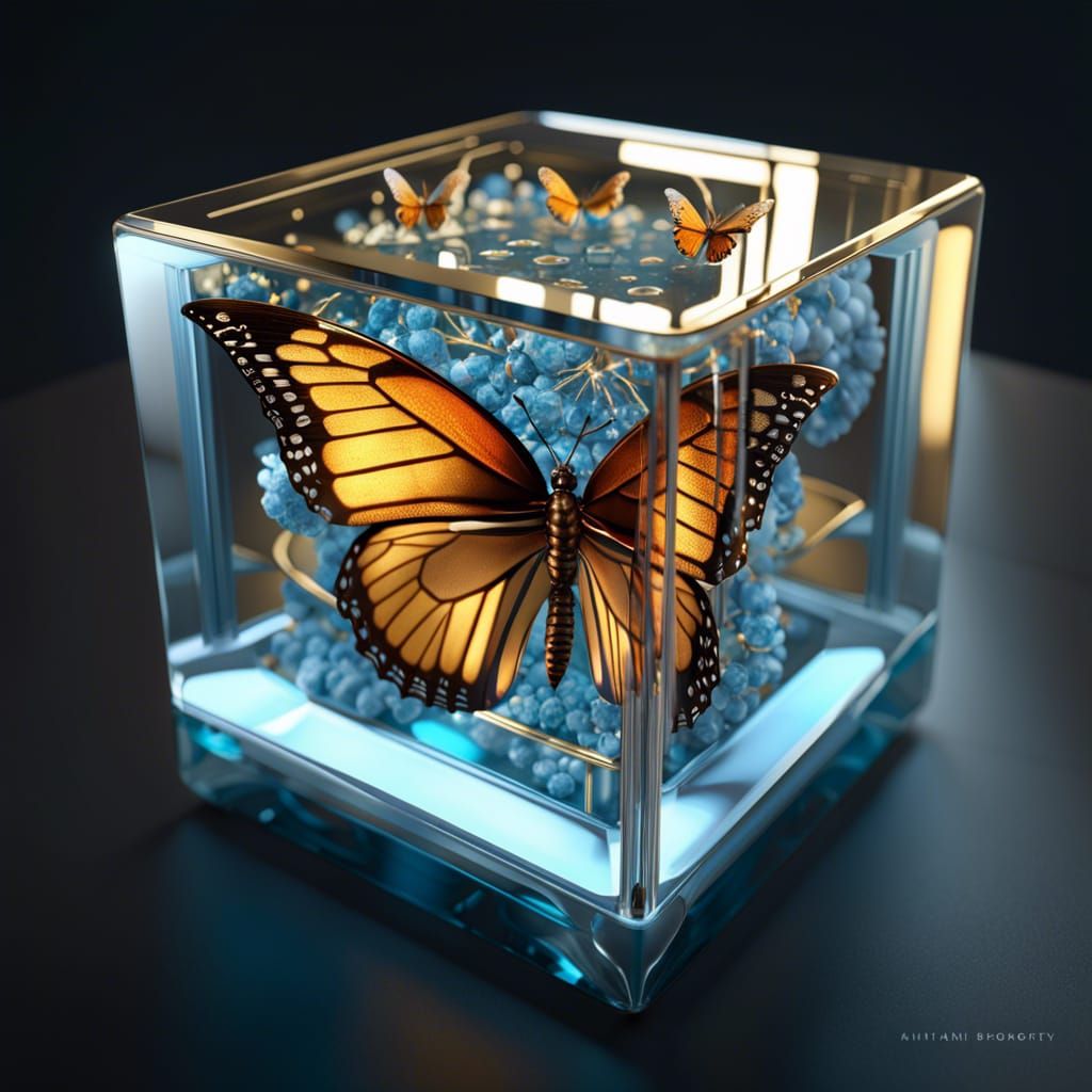 Butterfly in Glass Cube: Hyperdetailed CG Render