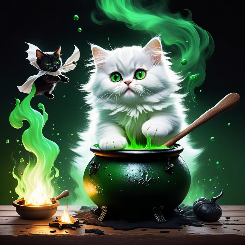 Flying Witch Cat Stirring Potion in Cauldron