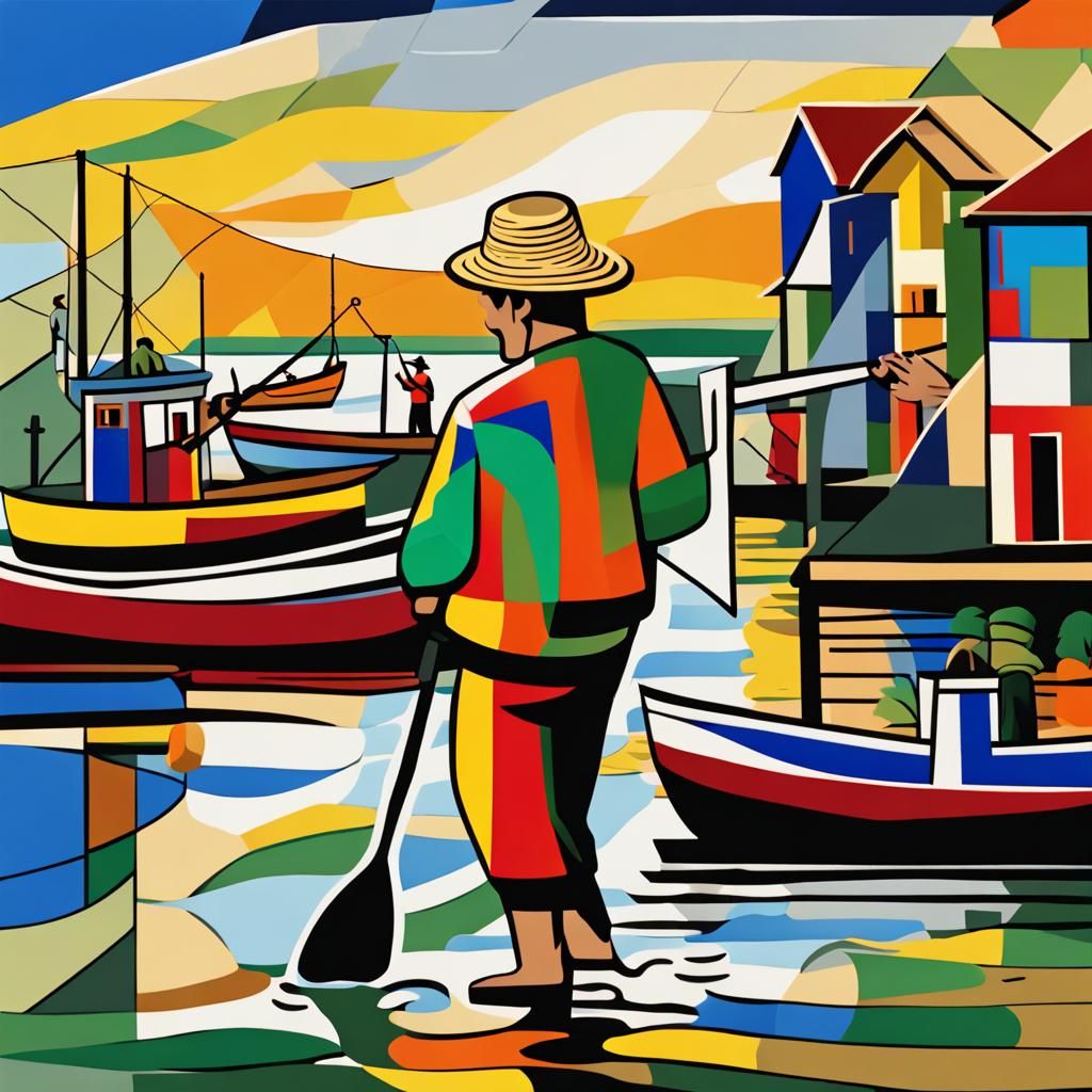 Cubist Fisherman in Vibrant Village, Fernand Leger Style