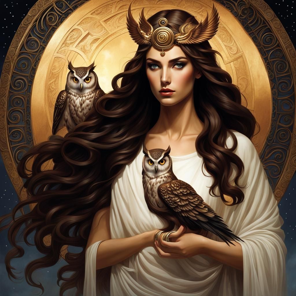 Surreal Greek Goddess of Philosophy with Owl