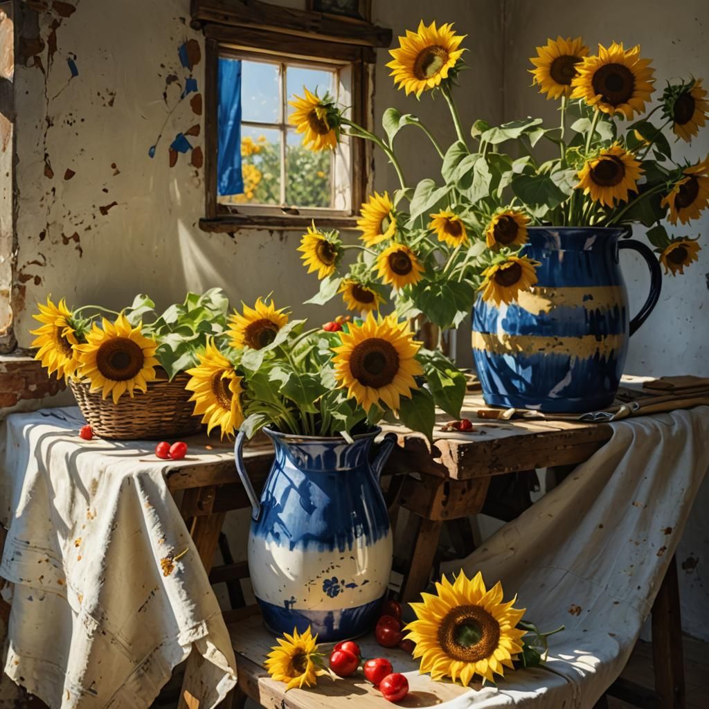 Sunflowers and Cherries in Delft Blue: A Hyperreal Painting