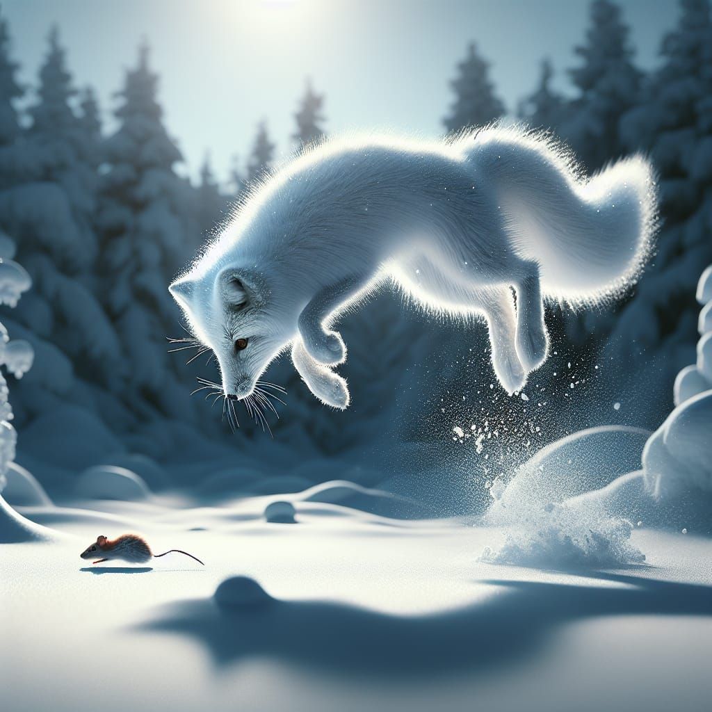 Arctic Fox Hunting Mouse in Snowy Landscape