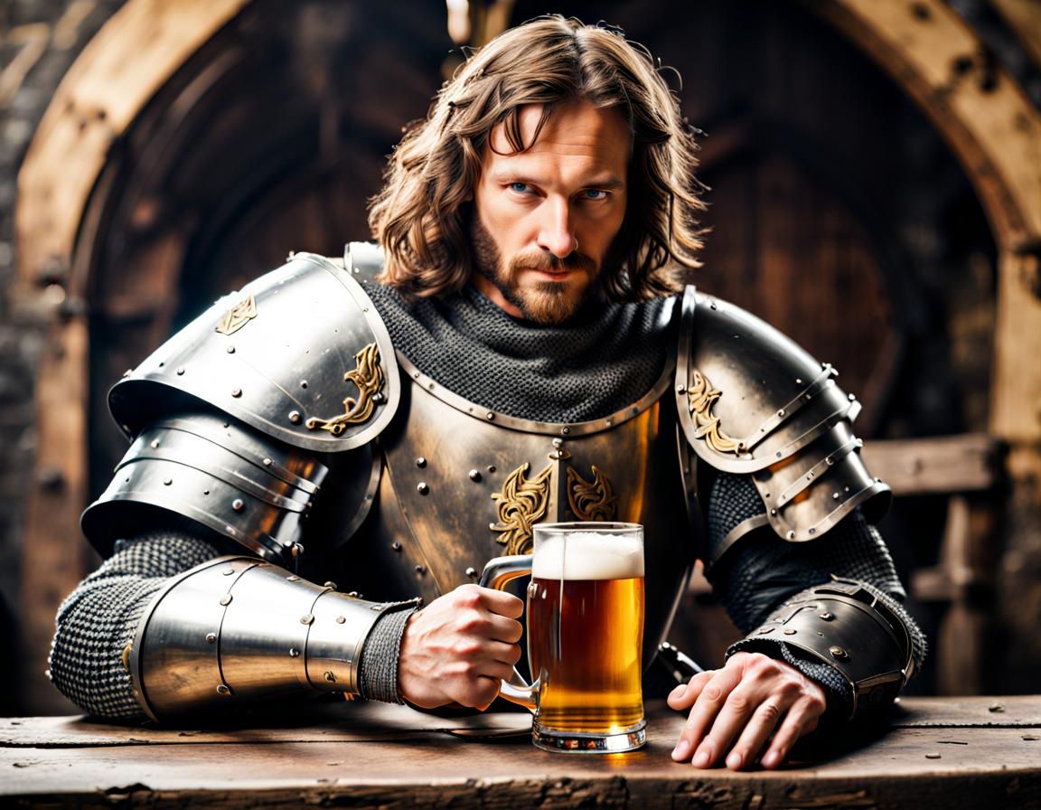 Medieval Knight Enjoying a Beer, High Resolution
