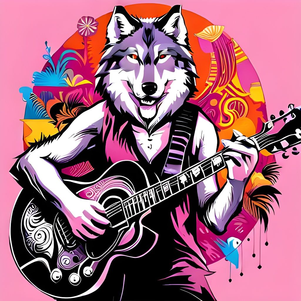 Happy Rock Star Wolf Portrait with Guitar