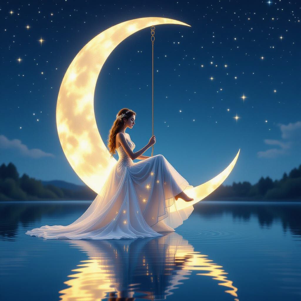 Ethereal Woman on Crescent Moon Over Reflecting Lake