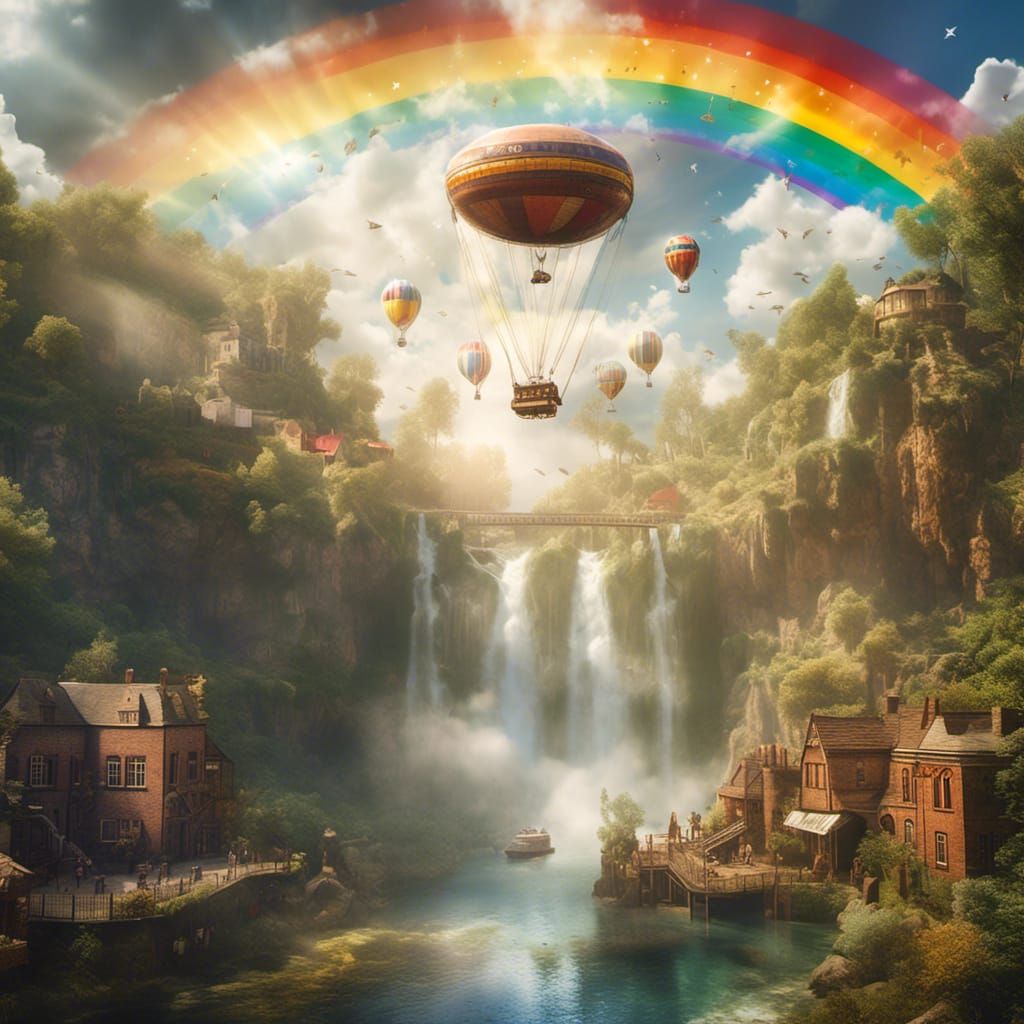 Surreal Old West Scene with Sun Trains and Rainbow