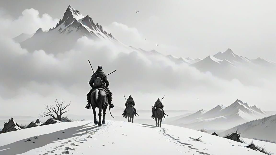 Minimalist Ink Drawing of Fantasy Adventure in Snow