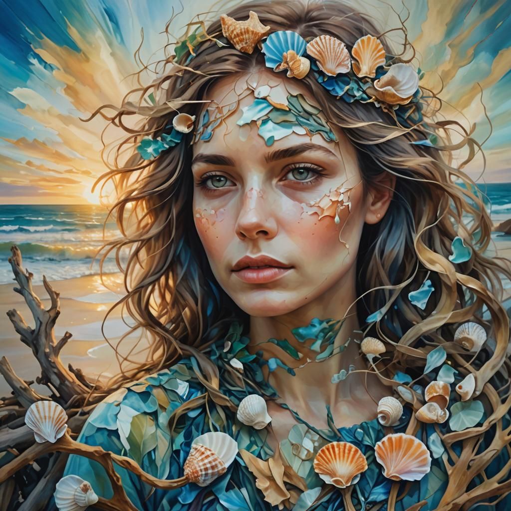 Surreal Seascape Woman Portrait in Oil Painting Style