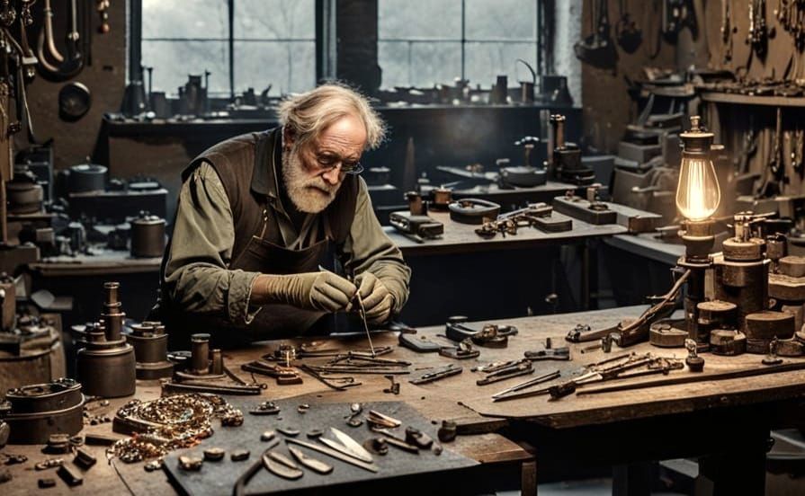 A goldsmith's workshop at night