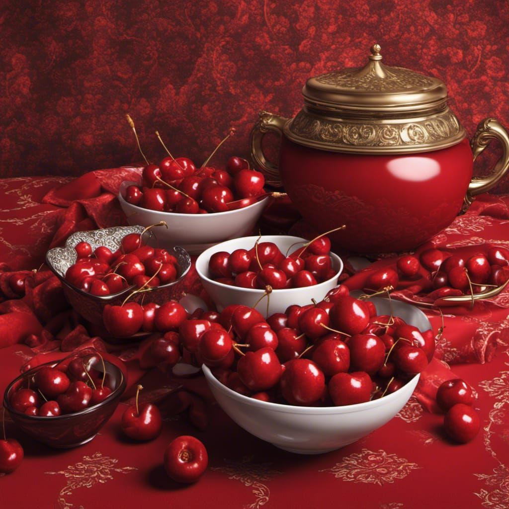 Red Cherries in Red Room: Maximalist Still Life